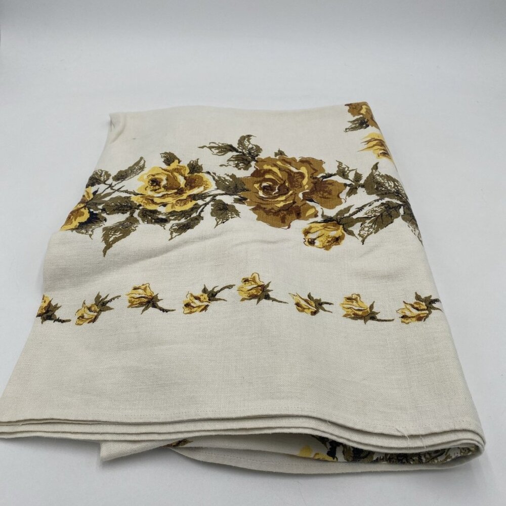 Vintage Enesco Linen Tablecloth Roses Ivory Orange Yellow 52" x 48" Rectangle